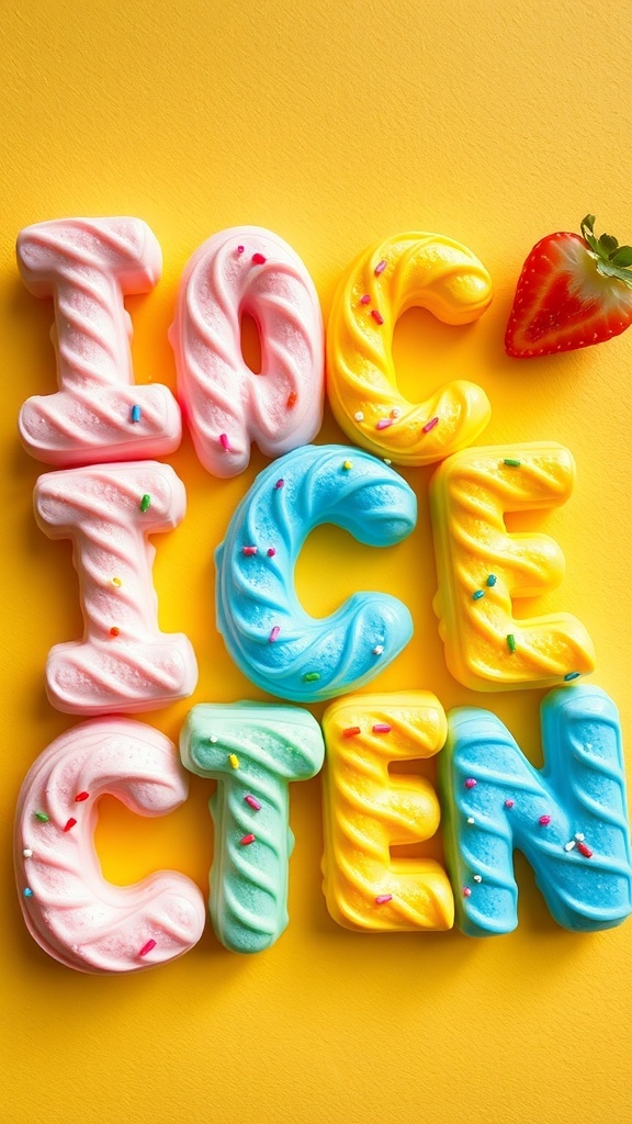 Colorful homemade ice cream letters in various shapes and colors, garnished with sprinkles and fruit.
